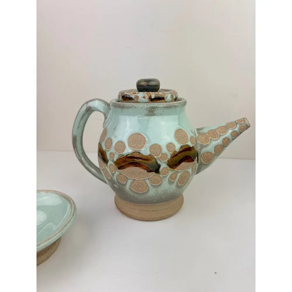 OOAK Blue Beige Ceramic Hand Thrown Pottery Tea Plate Cup Teapot Tea Set 3-Piece